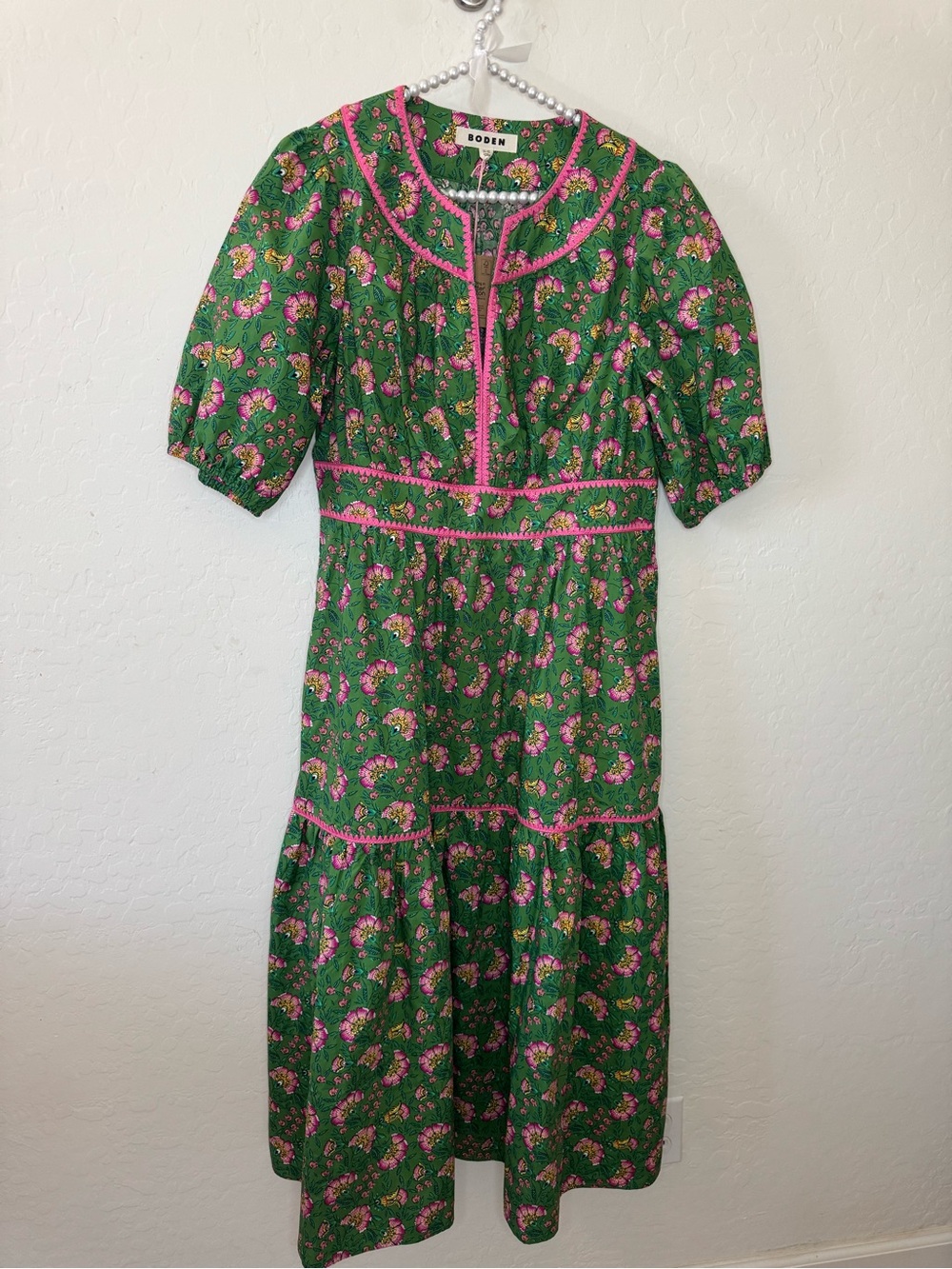 Boden Green Floral-Print Embroidered Midi Dress with Pink Trim - Picture 8 of 8